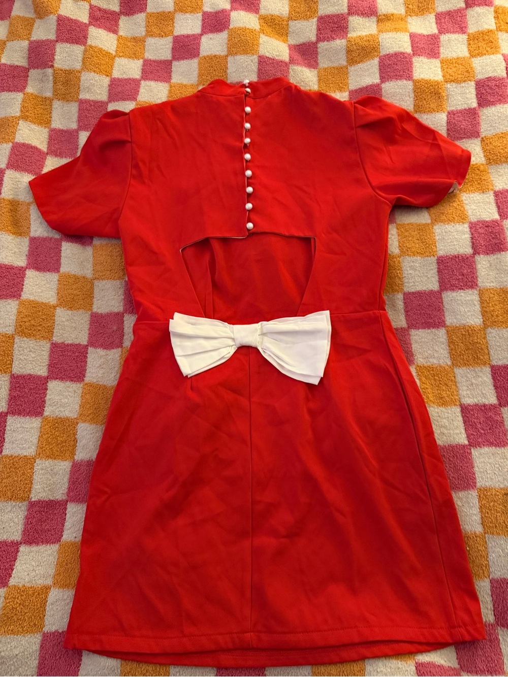 Red Short Sleeve Dress with White Bow Back Detail